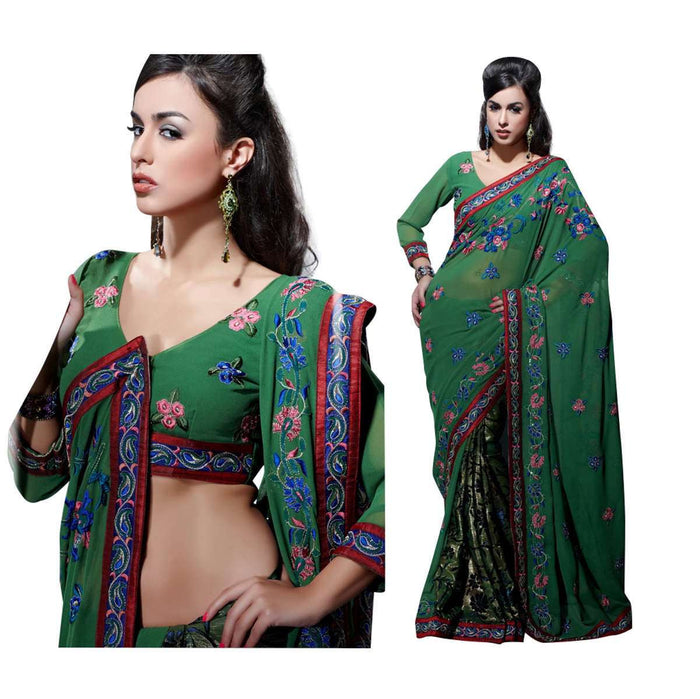 Georgette sari shown draped on a model