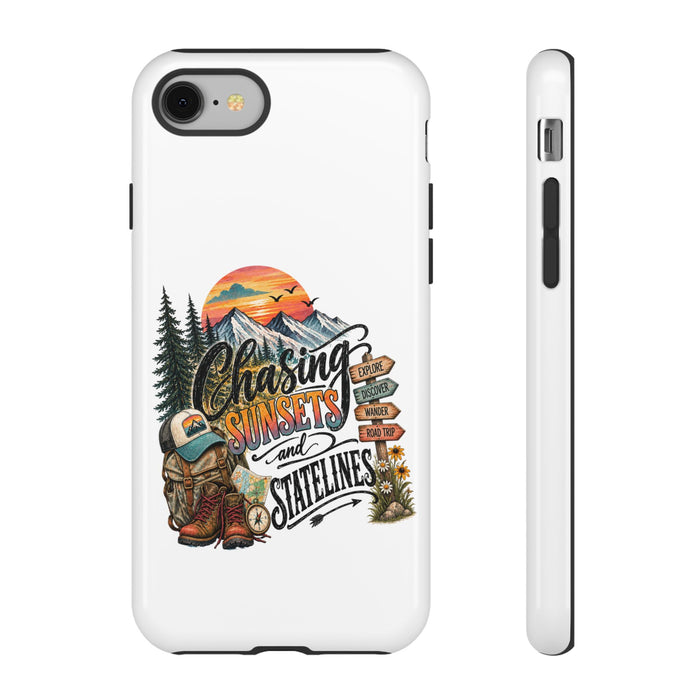 Chasing Sunsets and Satellines Phone Case | Adventure Mountain Camping Design