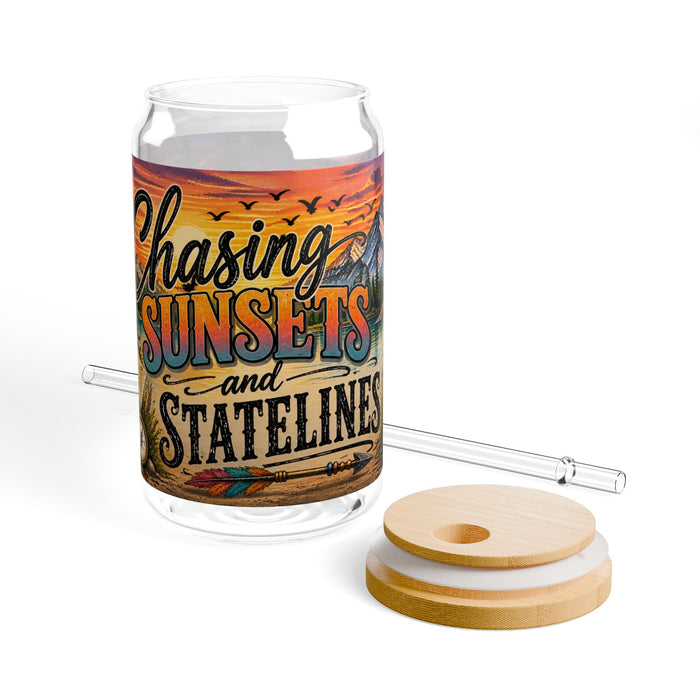 Chasing Sunsets and State Lines Sipper Glass  Travel Adventure Sunset Design