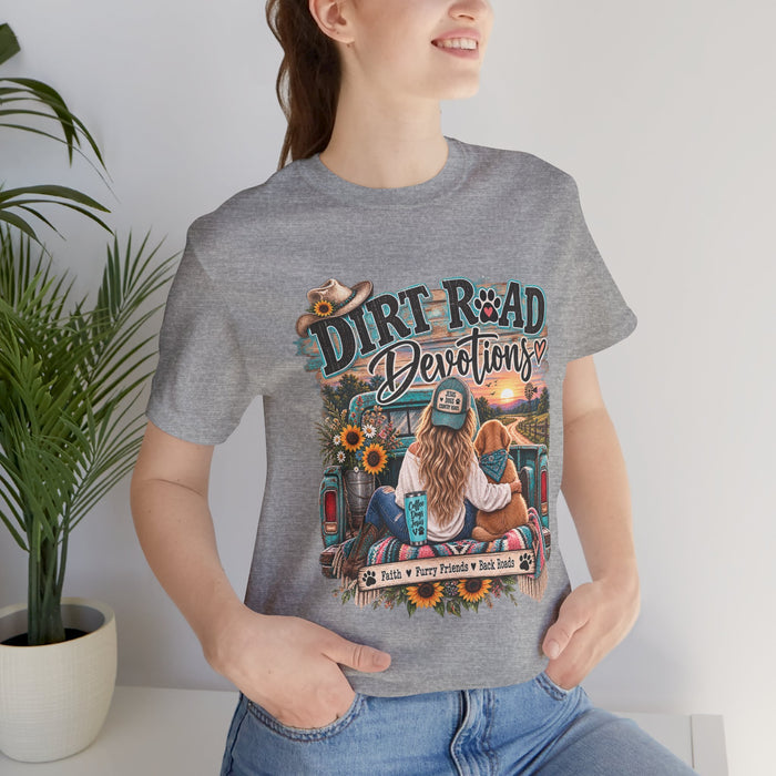 Dirt Road Devotions tee | truck tailgate, sunflower country sunset, faith decal