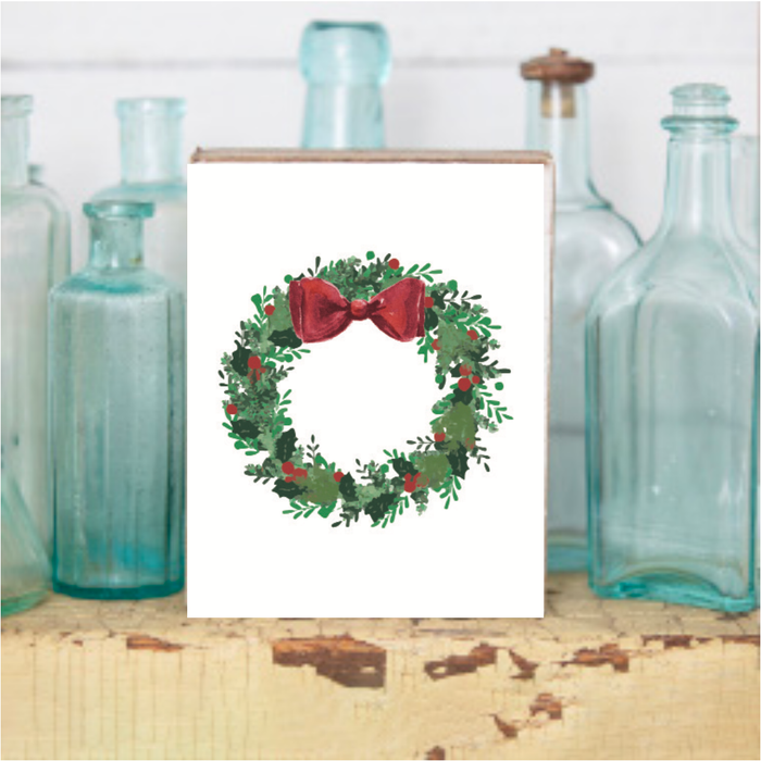 Holiday wreath decorative wooden block — Christmas and winter home decor