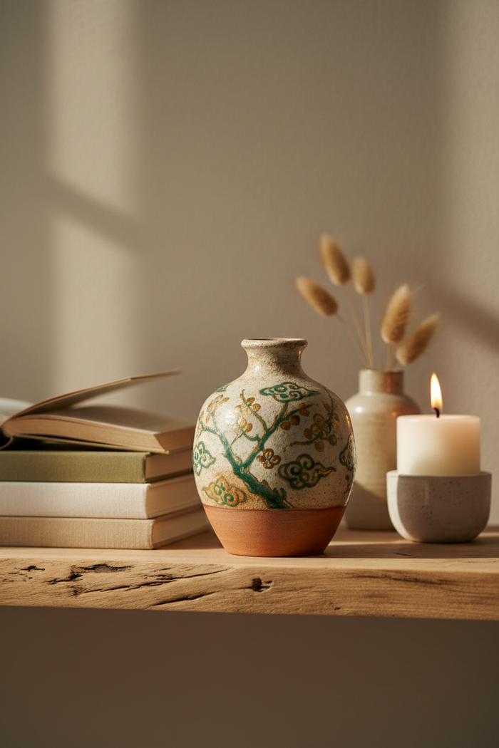 Kleine Boho-Vase orientalisch – Keramikvase mit Goldakzenten für Sideboard & Regal