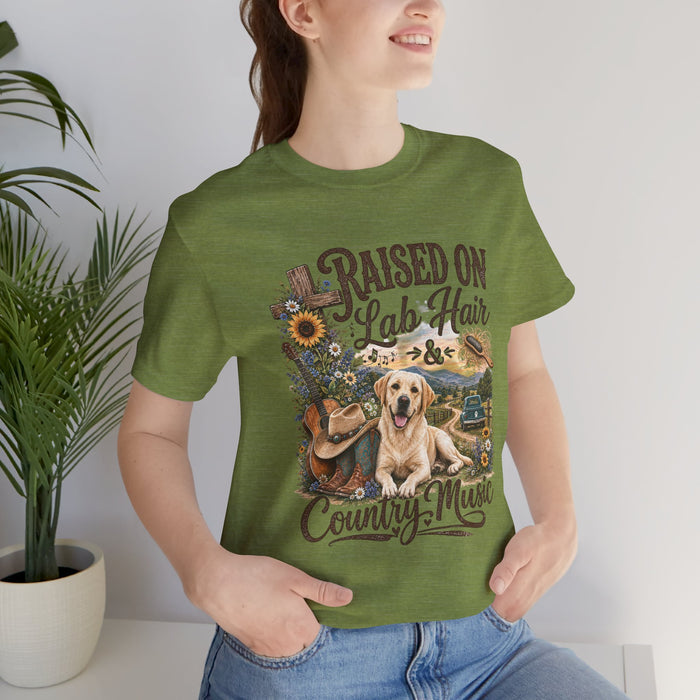 T-Shirt — "Raised on Lab Hair & Country Music" Yellow Labrador Graphic Tee