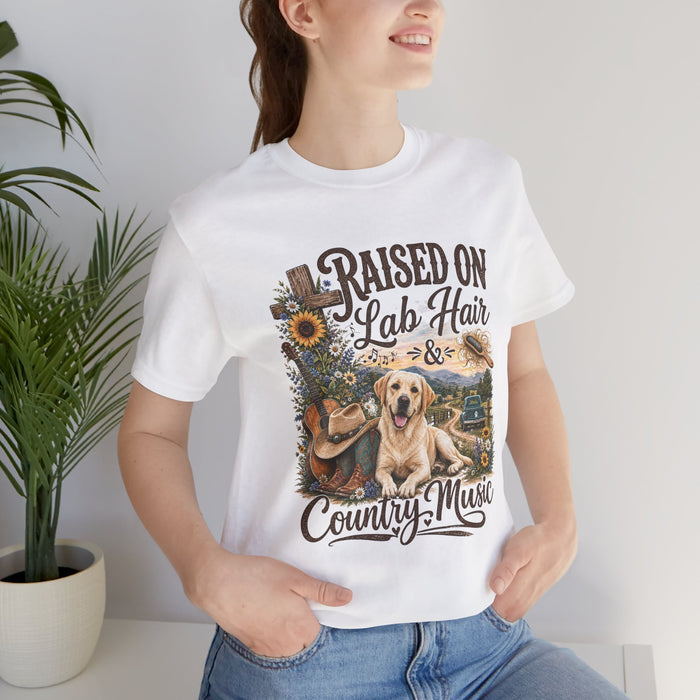 T-Shirt — "Raised on Lab Hair & Country Music" Yellow Labrador Graphic Tee