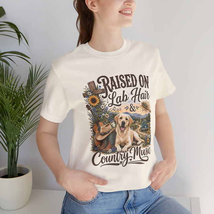 T-Shirt — "Raised on Lab Hair & Country Music" Yellow Labrador Graphic Tee