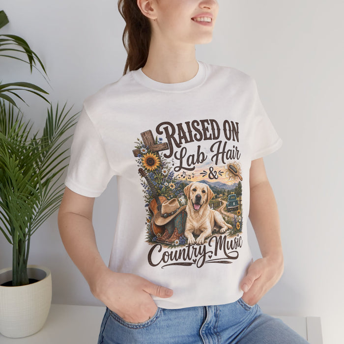 T-Shirt — "Raised on Lab Hair & Country Music" Yellow Labrador Graphic Tee