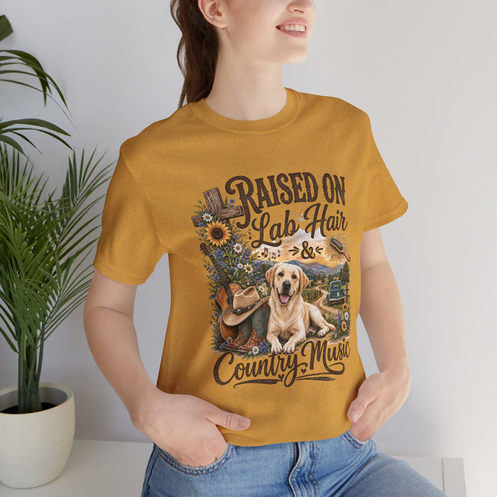 T-Shirt — "Raised on Lab Hair & Country Music" Yellow Labrador Graphic Tee