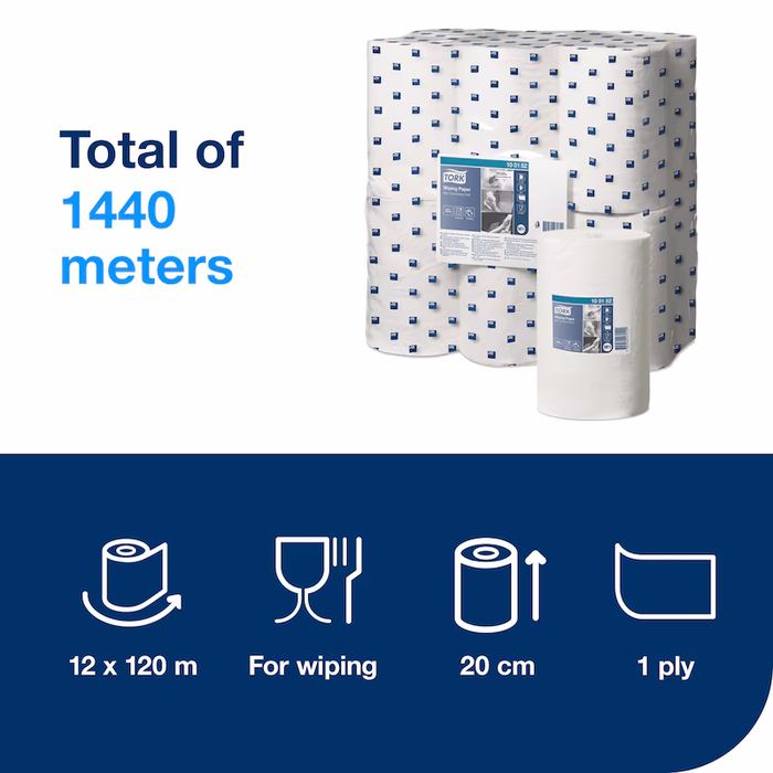 Tork White M1 Mini Centrefeed 1 Ply wiping Paper Roll 120M - Pack of 12