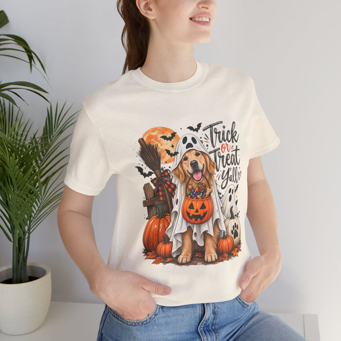 Trick or Treat Y'all Halloween Dog Shirts, Golden Retriever Halloween Shirt, Dog Mom Halloween Tee, Cute Ghost Dog T-Shirt