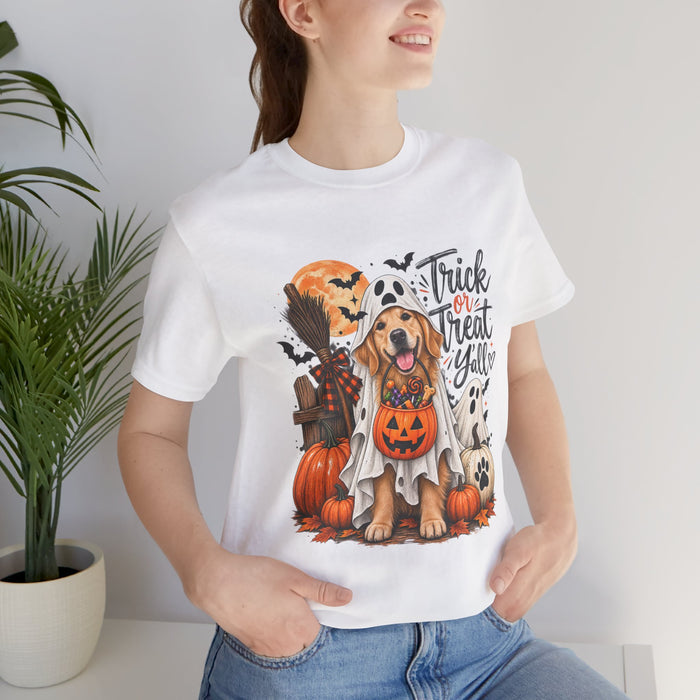 Trick or Treat Y'all Halloween Dog Shirts, Golden Retriever Halloween Shirt, Dog Mom Halloween Tee, Cute Ghost Dog T-Shirt